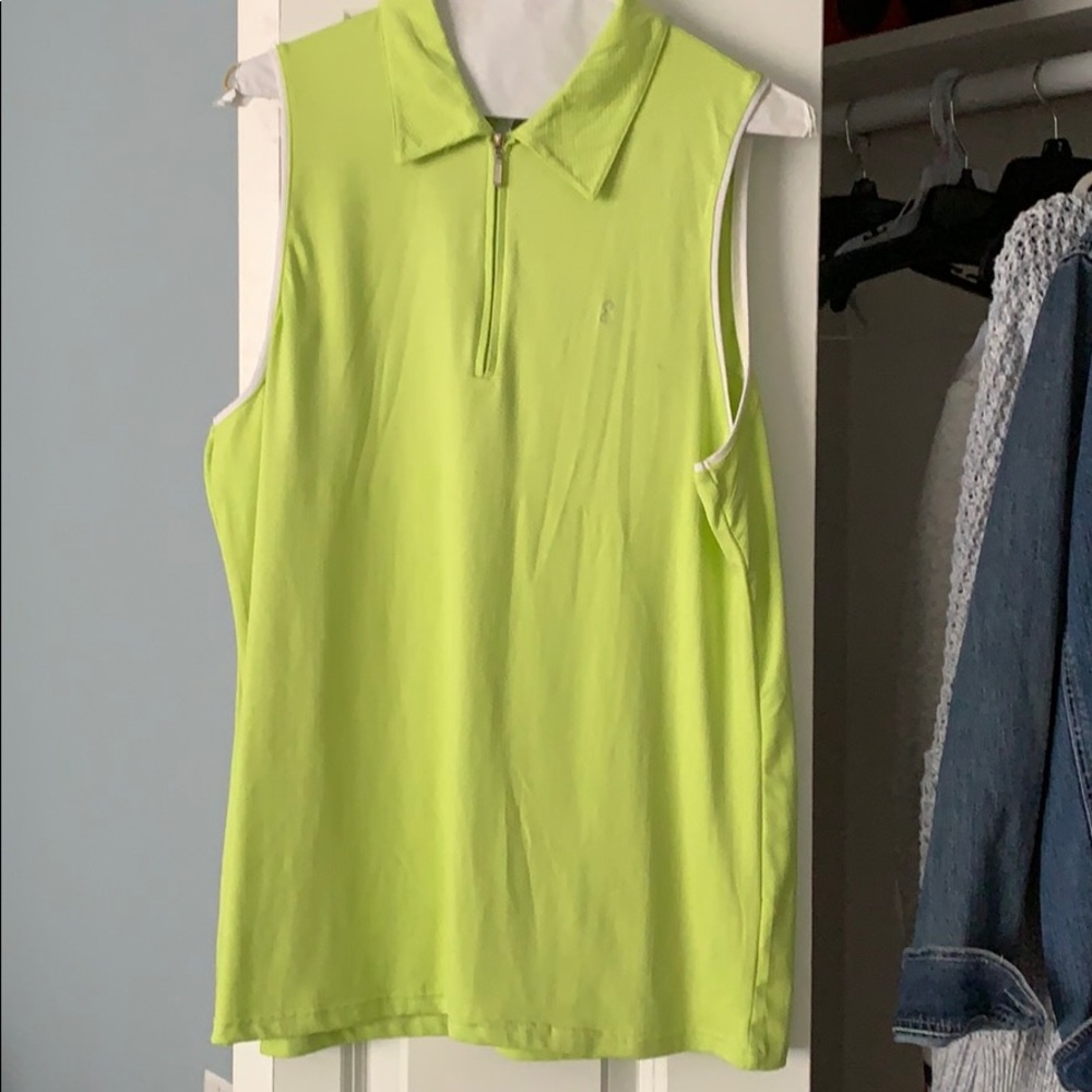 Lime green, sleeveless golf shirt